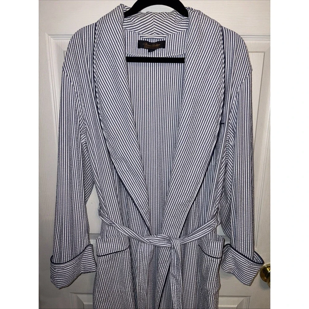Brooks Brothers Robe Men's M Blue White Seersucker Striped Belted Preppy Classic